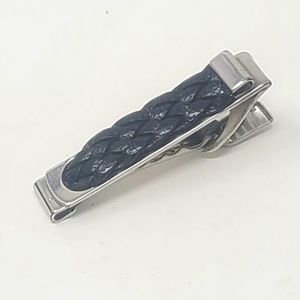 Vintage silver tone metal black leather accent tie clip clasp men accessories
